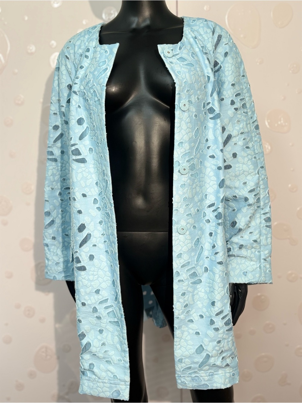 Neiman Marcus Exclusive Light Blue Eyelet Cutout Duster Jacket Coat Size XL